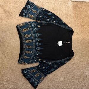 Free People Black Top with Gold and Blue Design